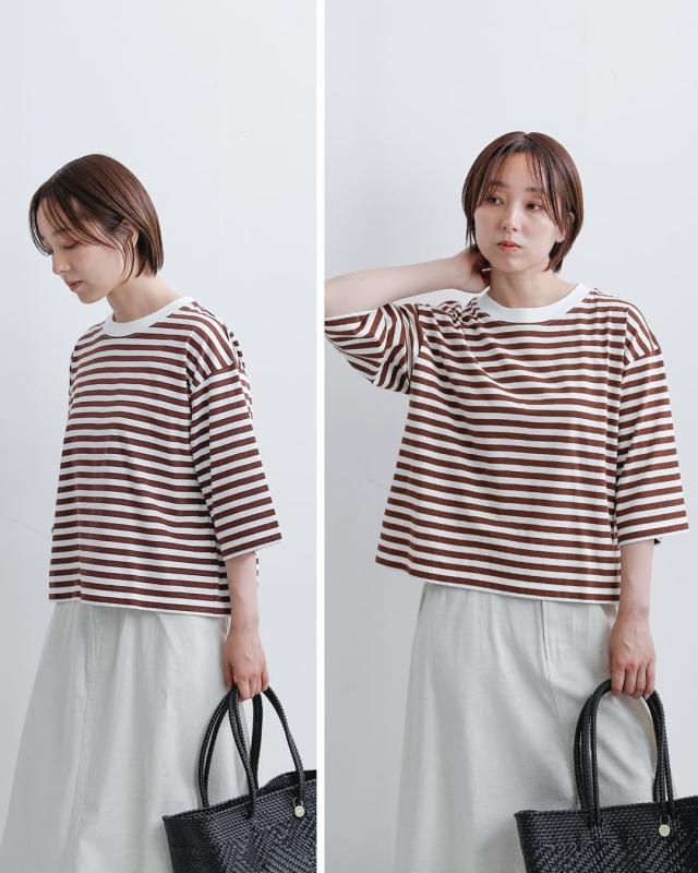 NOUVELLES DU PARADIS ヌーベル ドゥ パラディ aranciato別注 トロワ天竺 ボーダー ワイドハーフスリーブ Tシャツ pc25115 レディース 春夏カットソー 半袖 トップス ゆったり 体型カバー コットン 綿_7