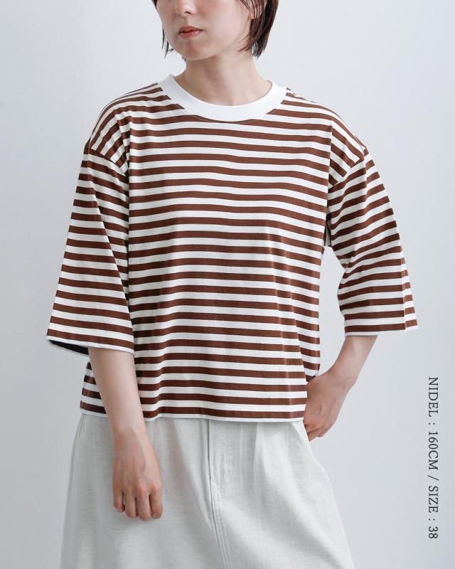 NOUVELLES DU PARADIS ヌーベル ドゥ パラディ aranciato別注 トロワ天竺 ボーダー ワイドハーフスリーブ Tシャツ pc25115 レディース 春夏カットソー 半袖 トップス ゆったり 体型カバー コットン 綿_8