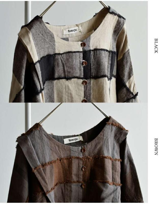 ツムグ ブラウス tumugu リネン コットン ブロックチェック カット