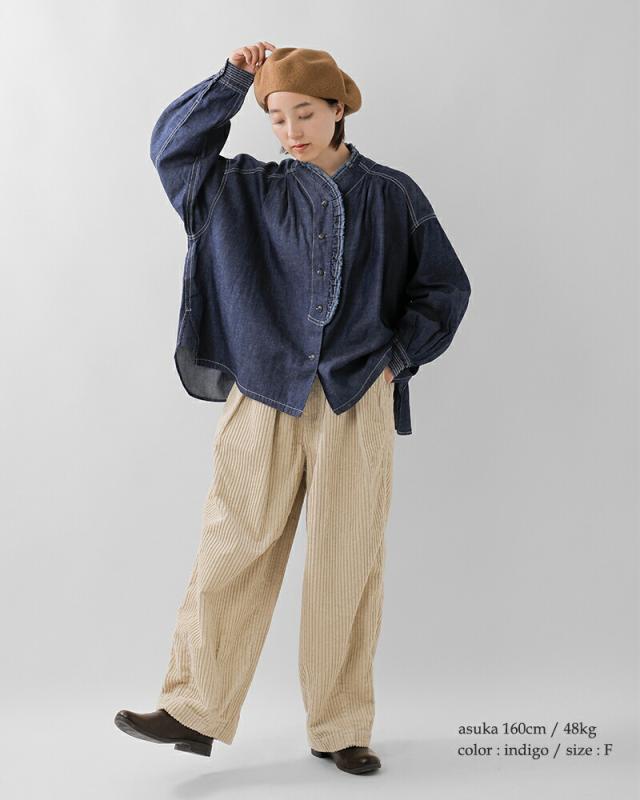 tumugu ツムグ  4.5oz コットン リネン デニム フリル シャツ tb25403 レディース 2025aw新作 クーポン対象