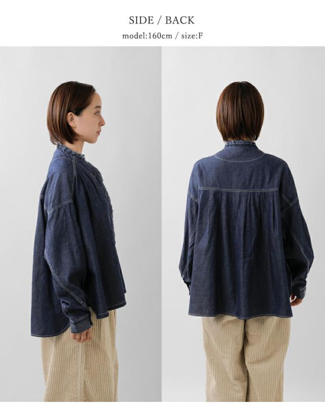 tumugu ツムグ  4.5oz コットン リネン デニム フリル シャツ tb25403 レディース 2025aw新作 クーポン対象