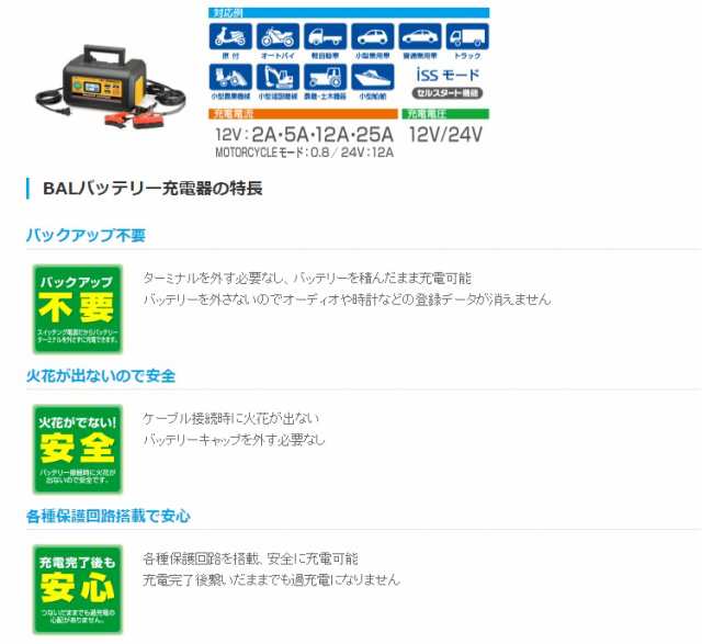 12V/24Vバッテリー充電器 BALSTAR CHARGER No.2720 大橋産業 BAL [バッテリー 充電器 自動車 カーバッテリー バイク バッテリー]の通販はau PAY マーケット - ホームセンターセブン | au PAY マーケット－通販サイト