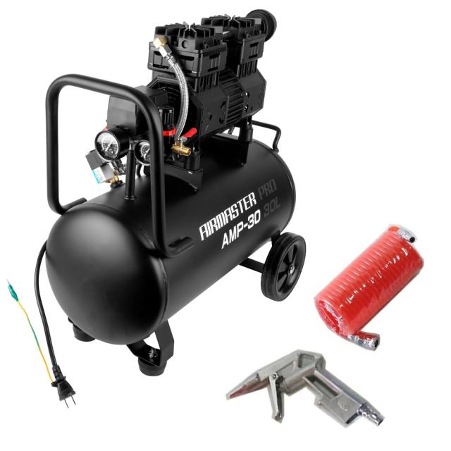 静音 オイルレス コンプレッサー (30L) AMP-30 （個人宅配可）＋2点キット（エアホース5ｍ・エアダスター） [セット品 DIY 大容量 連続作業 オイルフリー 低騒音 農業 農作業 空気入れ エアブロー 業務用 エア工具 整備 シンセイ]