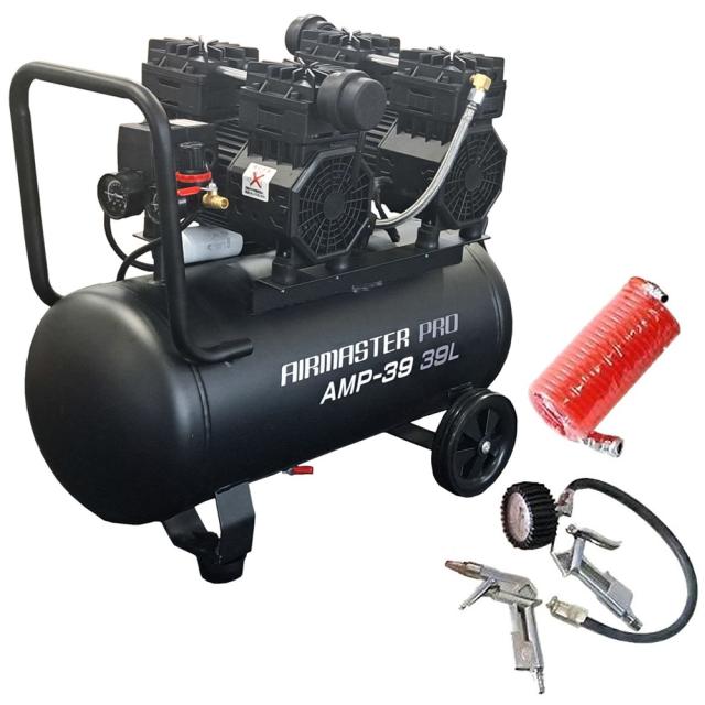 静音 オイルレス コンプレッサー (39L) AMP-39 （個人宅配可）＋3点キット（エアホース5ｍ・エアダスター・空気入れ） [セット品 DIY 大容量 連続作業 オイルフリー 低騒音 農業 農作業 空気入れ エアブロー 業務用 エア工具 整備 シンセイ]