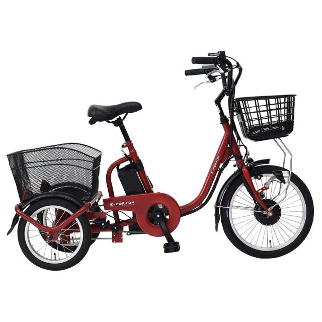 電動アシスト 三輪自転車  ロータイプ ブリックレッド(マット) E-PARTON  BEPN18 [電動三輪自転車 電動自転車 充電式 バッテリー 小さめ かご付き 前後かご シニア 高齢者 主婦 自転車本体 お客様組立品 mimugo 正規店 ミムゴ イーパートン ミムゴ]