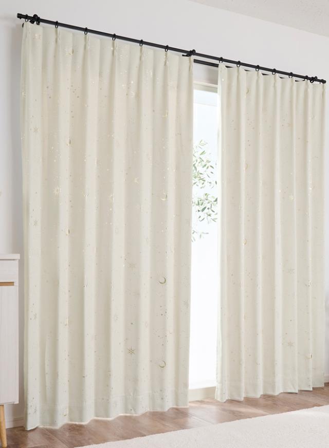 2級遮光カーテン 星柄 アイボリー 幅100x丈105cm 2枚組 日本製 [ドレープ 洗濯OK フック付き クレアール]