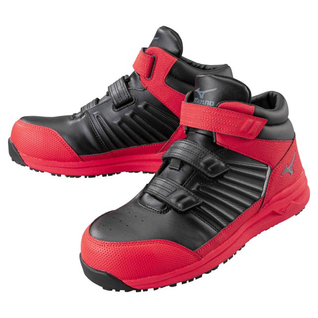 オールマイティ ワークシューズ 25.5cm ブラック×ダークシルバー×レッド SSII 21 H F1GA220509255 ミズノ [ワーキング スニーカー メンズ ハイカット ベルト靴 軽量]