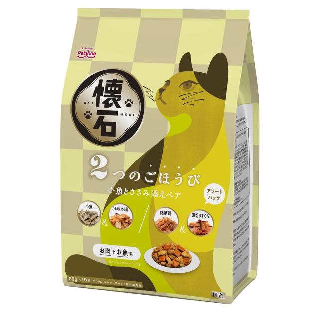 (まとめ買い10個)懐石 2つのごほうび 小魚とささみ添えペア 日本製 650g [ケース販売 キャットフード 猫用 エサ ドライ ペットライン]
