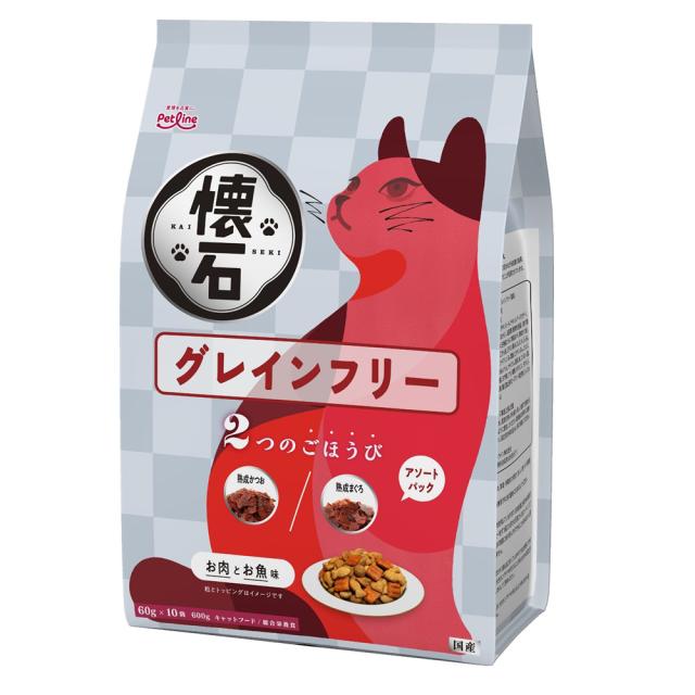 (まとめ買い10個)懐石 2つのごほうび グレインフリー 日本製 600g [ケース販売 キャットフード 猫用 エサ ドライ ペットライン]