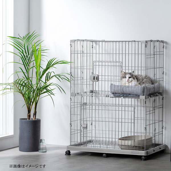 キャットケージ ワイド 2段 ライトグレー PEC-902V [猫用ケージ ペットケージ ワンタッチ扉 ペット用品 アイリスオーヤマ]_1