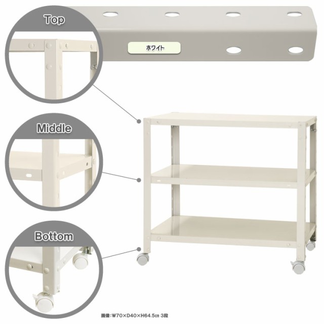 スマートラック キャスター付 W700×D400×H635mm　ホワイト 3段 NSTR-K146-3 キタジマ [スチール棚 スチールラック 業務用 収納棚 収納