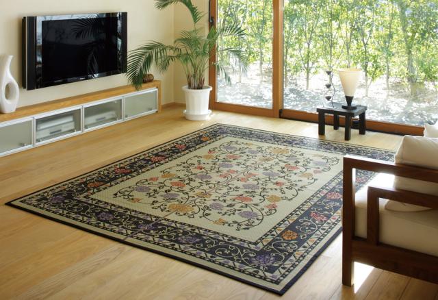 国産い草センターラグ(裏貼り) イデア ナチュラル/ブラック サイズ191×191cm  萩原 [和モダン 花柄 上質 抗カビ 消臭 職人業 国産い草100％ 日本製]の通販は