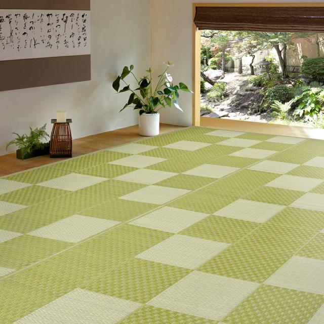 丸洗いできるい草風カーペット 矢倉 本間8帖 グリーン サイズ382×382cm 萩原 [和風 水洗い]