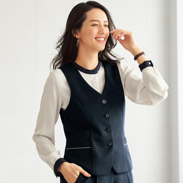 MIKATA レディース ベスト ジェシーチェック ストレッチ オールシーズン オフィス 無地 制服 事務服 ネイビー ホテル クリニック ブルー MIKATA ミカタ SA900V_3