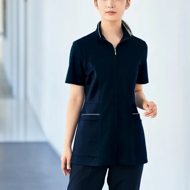 アンジョア レディース 半袖 チュニック ジャケット 前ファスナートップス ストレッチ 透けにくい 脇が見えにくい 吸汗速乾 高通気 施術 ユニフォーム 制服 事務服 接客 サロン 美容系 医療系 エステ ネイルサロンクリニック ジョア 42103 enjoie joie_2