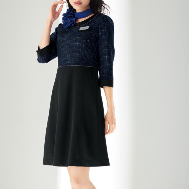 レディース ワンピース 長袖 切替 かわいい 上品 デート ママ服 ブルー ネイビー ブラック 紺 七五三 入学式 きちんと きれい joie ジョア 62040 オフィス 制服_4