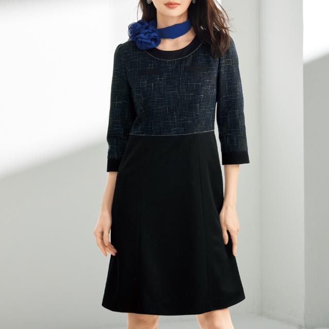 レディース ワンピース 長袖 切替 かわいい 上品 デート ママ服 ブルー ネイビー ブラック 紺 七五三 入学式 きちんと きれい joie ジョア 62040 オフィス 制服_5