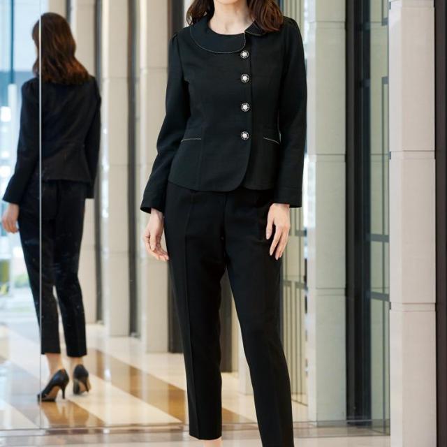 アンジョア レディース ジャケット オールシーズン オフィス 無地 丸襟 接客 制服 事務服 紺 黒 モテ きちんと かわいいフォーマル 入学式 卒業式 ジョア 82075_2