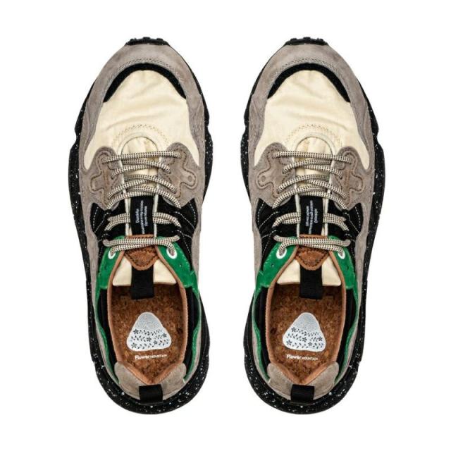 Flower MOUNTAIN フラワー マウンテン YAMANO3 ヤマノ3 Beige/Green スニーカー シューズ 靴 メンズ アウトドア ウォーキング 厚底 レザー ナイロン eva 素材 紐 ひも ゴム 結ばない 履きやすい カジュアル 抗菌 防臭 吸湿 26.5 27.5 28 ブラック ベージュ 黒 緑 BJ-FM63093