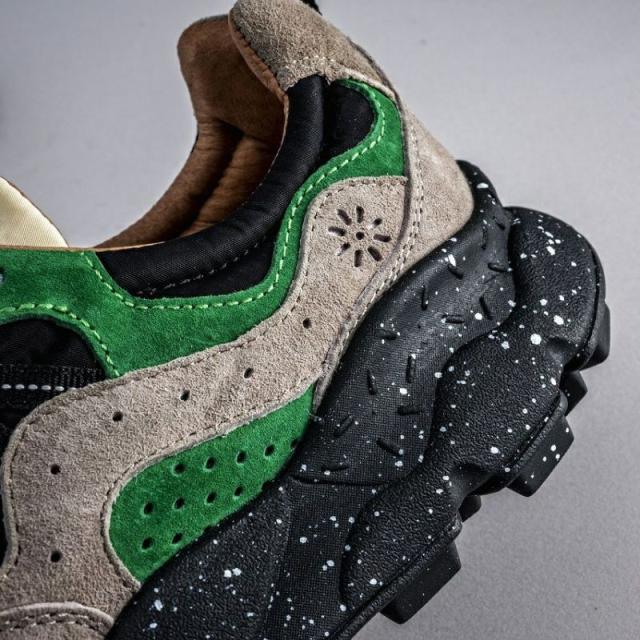 Flower MOUNTAIN フラワー マウンテン YAMANO3 ヤマノ3 Beige/Green スニーカー シューズ 靴 メンズ アウトドア ウォーキング 厚底 レザー ナイロン eva 素材 紐 ひも ゴム 結ばない 履きやすい カジュアル 抗菌 防臭 吸湿 26.5 27.5 28 ブラック ベージュ 黒 緑 BJ-FM63093