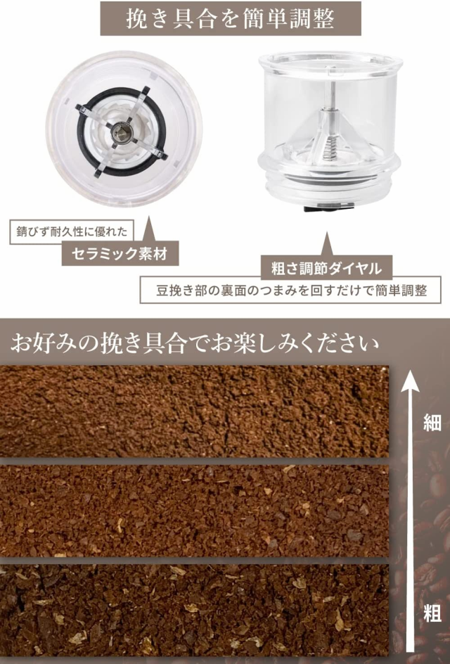 コーヒーミル 電動コーヒーミル 充電式 水洗い可能 掃除簡単