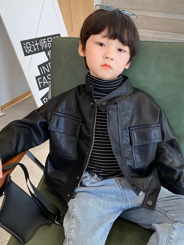 新生活 気楽 韓国子供衣服 男らしい PUレザーキッズ ライダース フェイクレザー ノーカラー ライダースジャケット 男の子 アウター コート 子供服 こども 子ども 防寒 暖かい 80-140CMの通販は