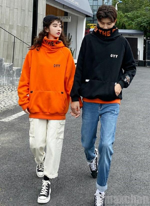 新生活 気楽 パーカー OYYビッグフードパーカー ブラックorオレンジ 韓国ファッション パーカー おしゃれ 服 フード付き ペア カップル 服 メンズ レディース ユニセックス お揃い