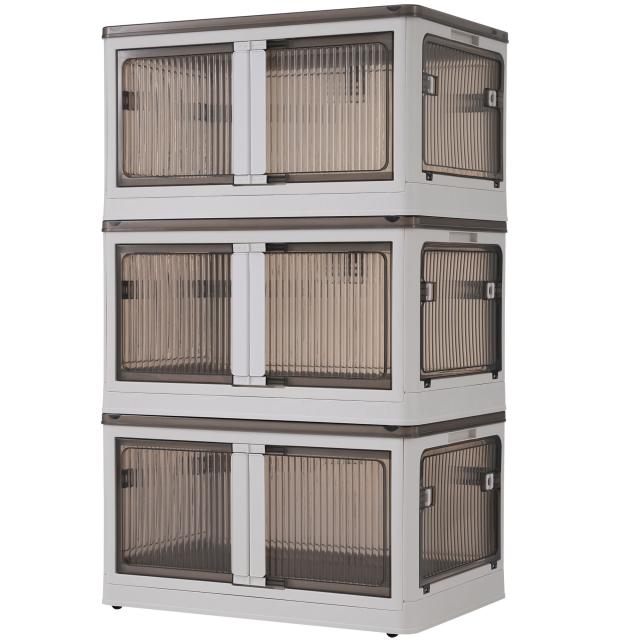 収納ボックス 3個セット クリア+ホワイト 収納ケース 折りたたみ ５面開き 積み重ね 蓋付き 扉付き 組み立て簡単 省スペース キャスター付き おしゃれ 強い耐荷重 大容量 家庭用 車用の通販は