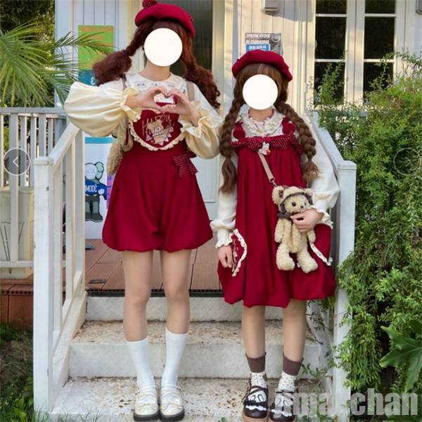 つりワンピース  サロペット ベレー付き lolita ロリータ  くま レディース  可愛い クリスマス レッド 赤 森ガール ロリィタの通販は 9,632円