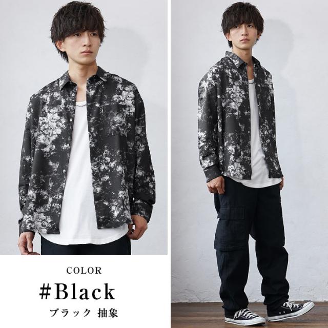 メンズ 総柄シャツ 長袖 ダメージ風 ビッグシルエット P00132 MinoriTY オーバーサイズシャツ メンズ ビッグシルエット シャツ