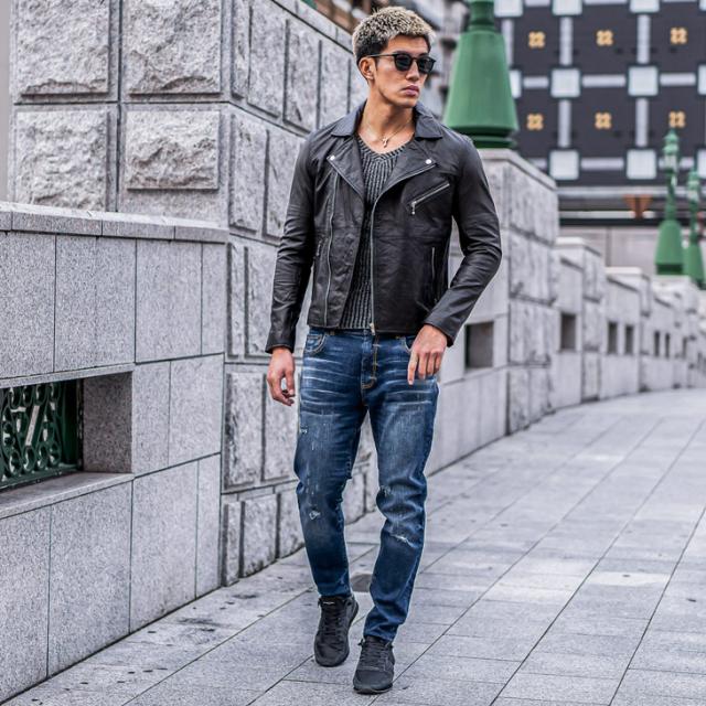 ブラックレザージャケット L-SIMZ Hybrid denim and leather jacket｜ブラック｜メンズ｜DIESEL