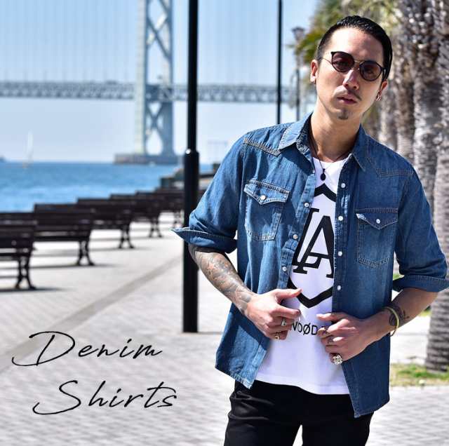 デニムシャツ メンズ デニム 7分袖 七分袖 シャツ デザイン ブラック