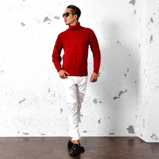 タートルネック ニット メンズ タートル タイト トップス 大人 ケーブル編 長袖 セーター ハイネック 19 赤 レッド 黒 ブラック 白 ホの通販はau Pay マーケット Joker