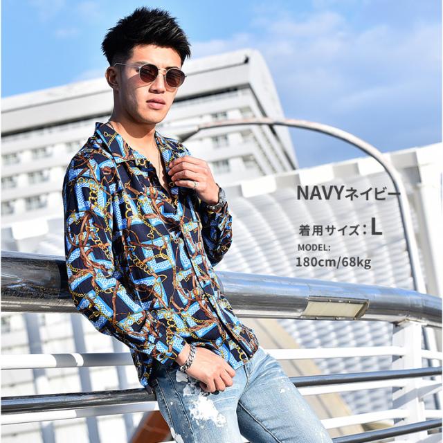 開襟シャツ メンズ 柄シャツ チェーン柄 派手 柄 春 春服 春物 春 服 物 春新作 ビター系 Bitter系 お兄系 メンズファッション ブラック の通販はau Pay マーケット Joker