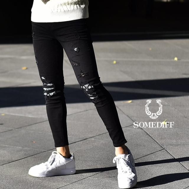 スキニーパンツ メンズ スキニー パンツ ボトムス ダメージスキニー 黒 ブラック チノパン スリム ペイズリー柄 リペア クラッシュ パンの通販はau Pay マーケット Joker