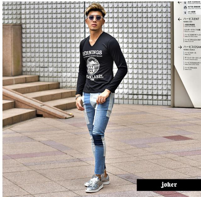 ロンt メンズ Vネック ラインストーン 長袖 長袖tシャツ カットソー ロンティー ストリート タイト 黒 ブラック 白 ホワイト スポーツ プの通販はau Pay マーケット Joker