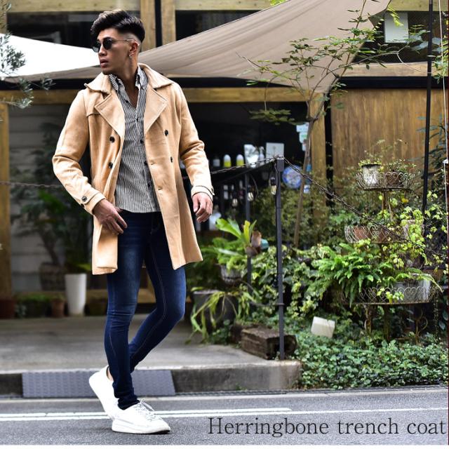 送料無料 コート メンズ 春 トレンチコート アウター 春新作 ロング丈 ロングコート ヘリンボーン シンプル ヘリンボーン ベージュ の通販はau Pay マーケット Joker