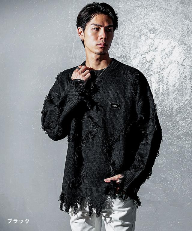 クルーネック ニット メンズ ブランド ダメージニット セーター メンズ ニットセーター 長袖 起毛 トップス 黒 ブラック グレー 秋 秋服 秋物 秋冬 メンズファッション ちょいワル お兄系 オラオラ系 Black by VANQUISH ブラックバイヴァンキッシュ joker ジョーカー