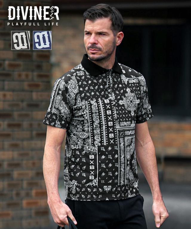 ゴルフ メンズ ポロシャツ メンズ 柄 半袖 Tシャツ ネイビー ブラック 夏 夏物 ちょい悪 バンダナ柄 ペイズリー ゴルフウェア 新作 夏新作