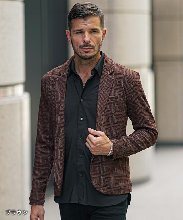 テーラードジャケット ブレザー ストレッチ メンズブラウン 茶 ジャケパン　一つボタン　細身　タイト　シルエット