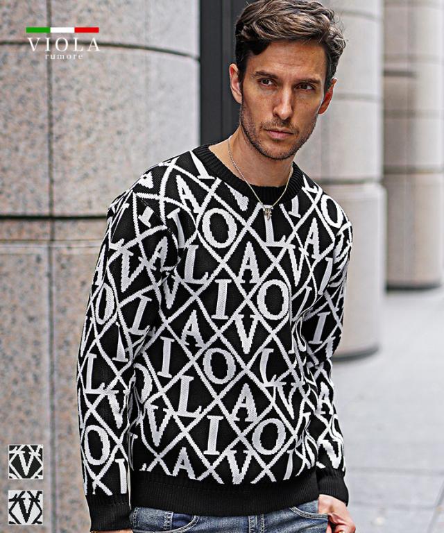 VIOLA rumore ヴィオラ ニット メンズ ブランド 総柄 セーター おしゃれ クルーネック ジャガード ロゴ ニットセーター 肉厚  黒 白 きれいめ 秋 秋服 秋物 秋冬 メンズファッション ちょいワル オラオラ系 Y62125