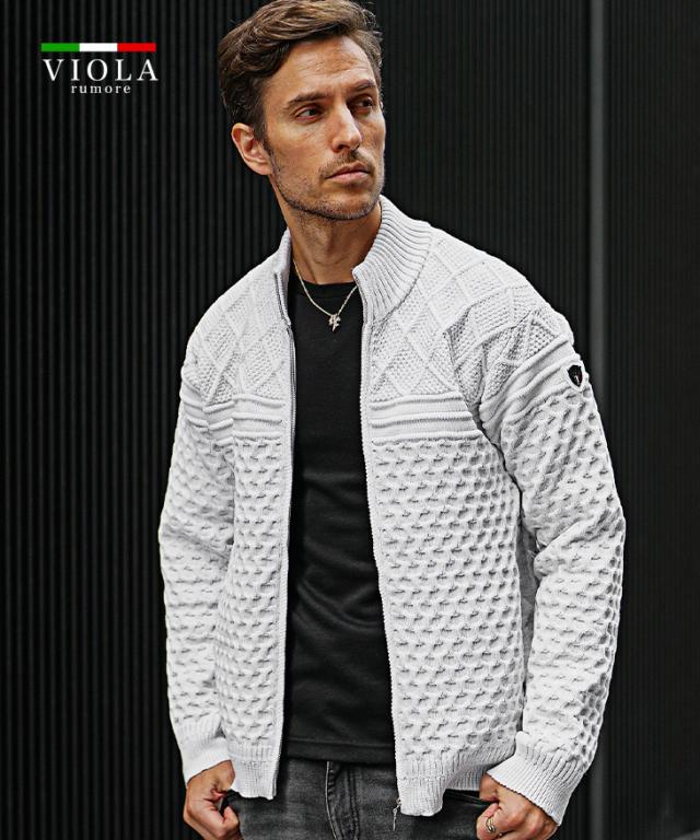 VIOLA rumore ヴィオラ ニットジャケット メンズ ブランド 総柄 セーター おしゃれ スタンドカラー ニット ジップブルゾン 肉厚  黒 白 きれいめ 秋 秋服 秋物 秋冬 メンズファッション ちょいワル オラオラ系 Y62125