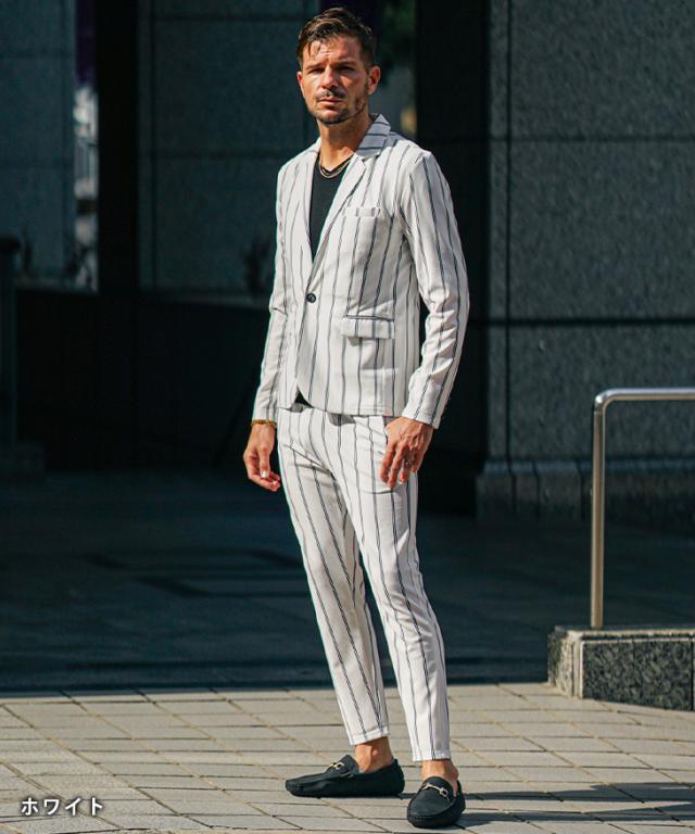 セットアップ メンズ ジャケット スーツ カジュアルスーツ ストライプ シングルジャケット スラックス アンクルパンツ 春 春物 イケオジ ちょい悪 セットアップ メンズ ジャケット スーツ カジュアルスーツ ストライプ