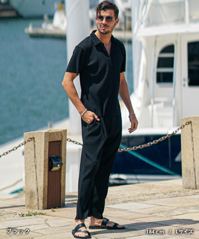 セットアップ メンズ ブランド 夏 上下セット メンズ ポロシャツ プリーツ 夏 新作 イージーパンツ テーパード リゾート系 オラオラ系 お兄系 ちょい悪 メンズファッション サムディフ SOMEDIFF セットアップ メンズ ブランド 夏 上下セット メンズ ポロシャツ