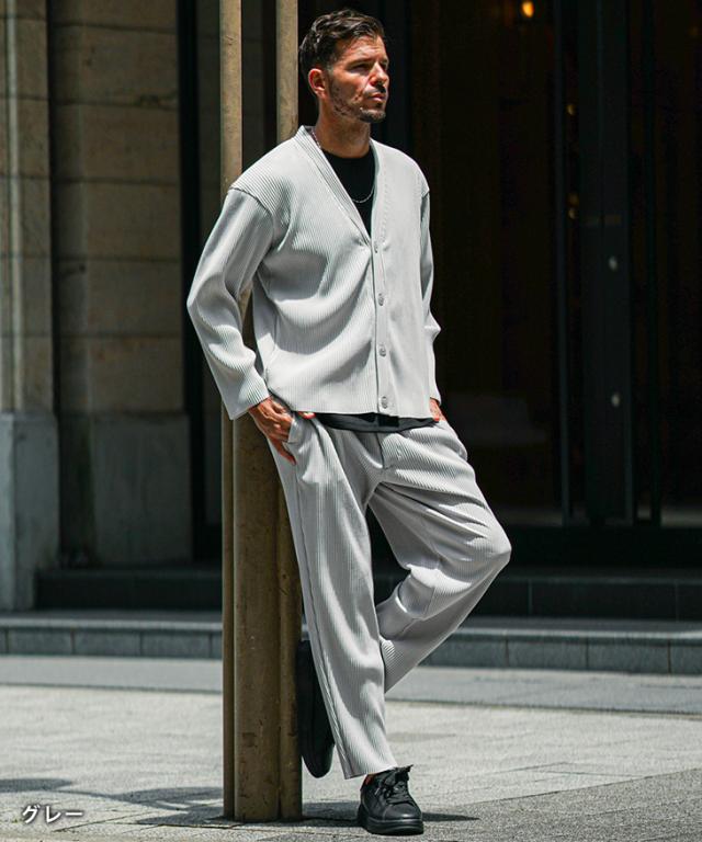 セットアップ メンズ カーディガン 上下セット メンズ プリーツ