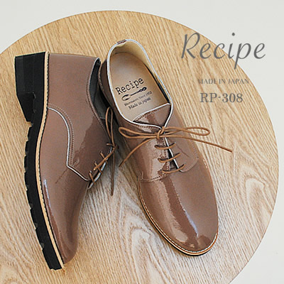 【返品交換送料無料】Recipe レシピ RP-308　レースアップシューズ　EPBG エナメルピンクベージュ　靴 レディース シューズ 軽くて柔らかい　日本製