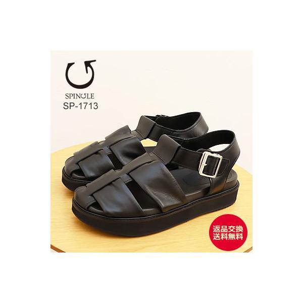 SPINGLE スピングル SP-1713 BLACK ブラック レディース 牛革グルカサンダル 厚底 オイルワックスレザー 返品交換送料無料の通販は
