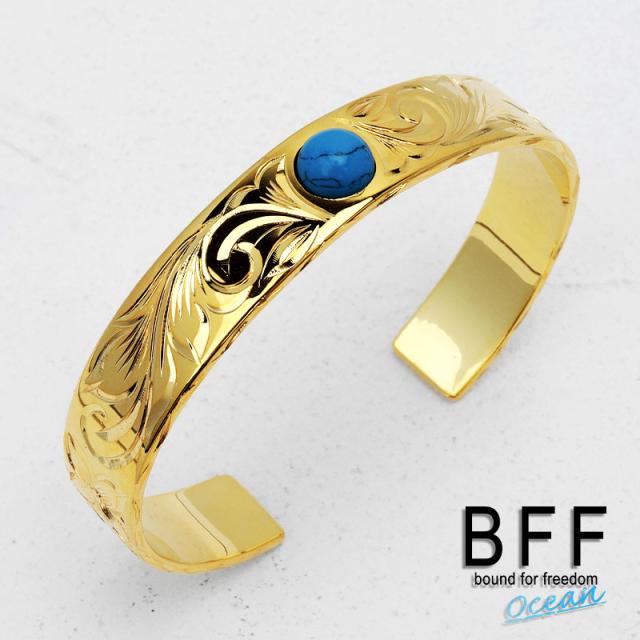 BFF ブランド ハワイアンバングル ターコイズ 幅12mm ゴールド 18K GP gold 平打ちバングル 腕輪 太幅 メンズ レディース 手掘り 一粒 ハワイアンジュエリー 専用BOX付属の通販は 10,800円