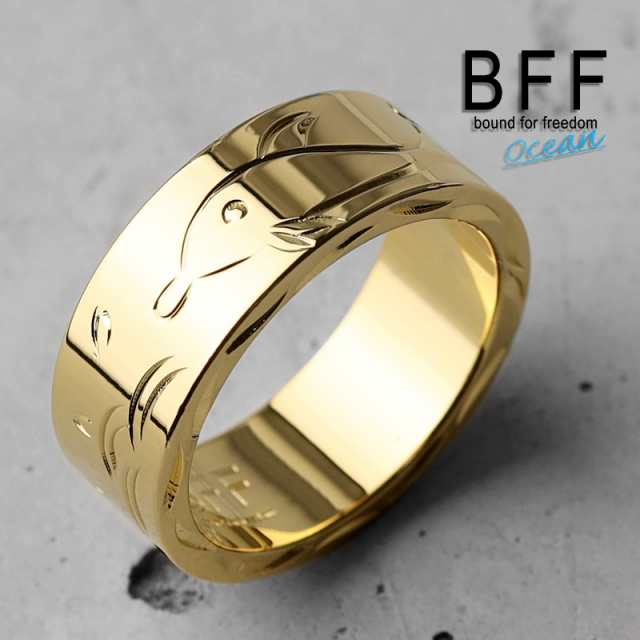 BFF ブランド ドルフィン 幅8mm 平打リング ゴールド 18K GP gold 金色 スクロール フラットバンド ペア ハワイ ハワイアンジュエリー 手彫り 彫金 専用BOX付属の通販は