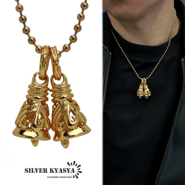 ステンレス ツインベルネックレス 唐草 ダブルクレーンベル ネックレス ゴールド 18k gp アラベスク ボールチェーン 　の通販は